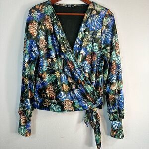 Zara Collection Womens Boho Floral Crushed Velvet Surplice Cropped Top Medium